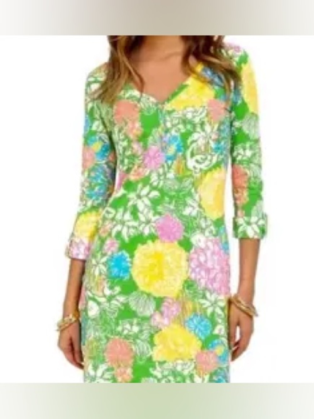 Lilly Pulitzer Palmetto knit Hibiscus Stroll Floral gold button V-Neck dress